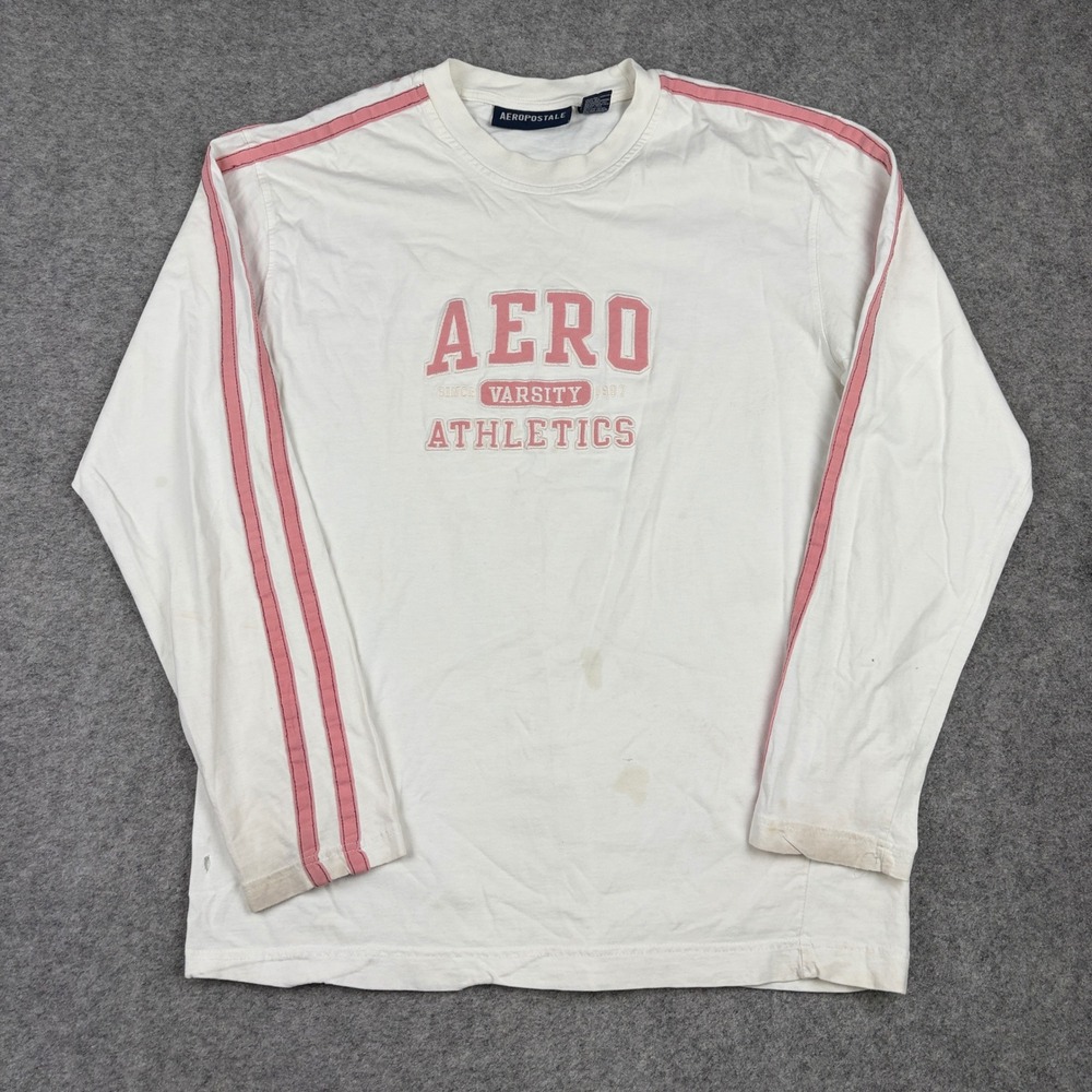 Aeropostale Long Sleeve Shirt Mens Medium White Pink Varsity Athletics Striped